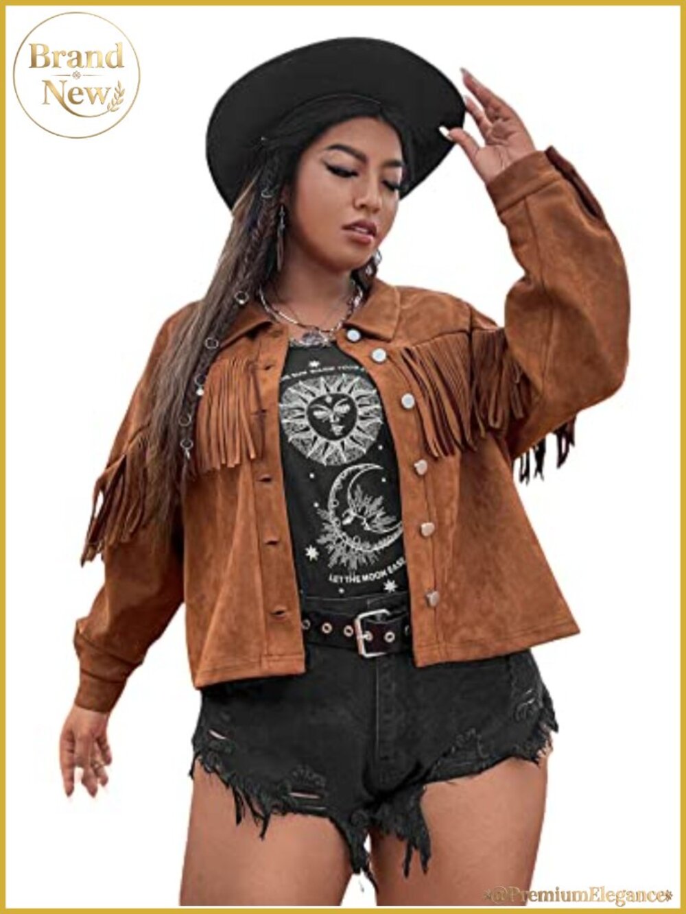 Faux Suede Fringe Trim Moto Jacket Button Front Drop Shoulder Plus Size